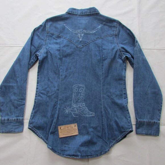Wrangler Retro Women's Cowboy Laser Print Snap Denim Shirt Med Wash - Picture 6 of 8